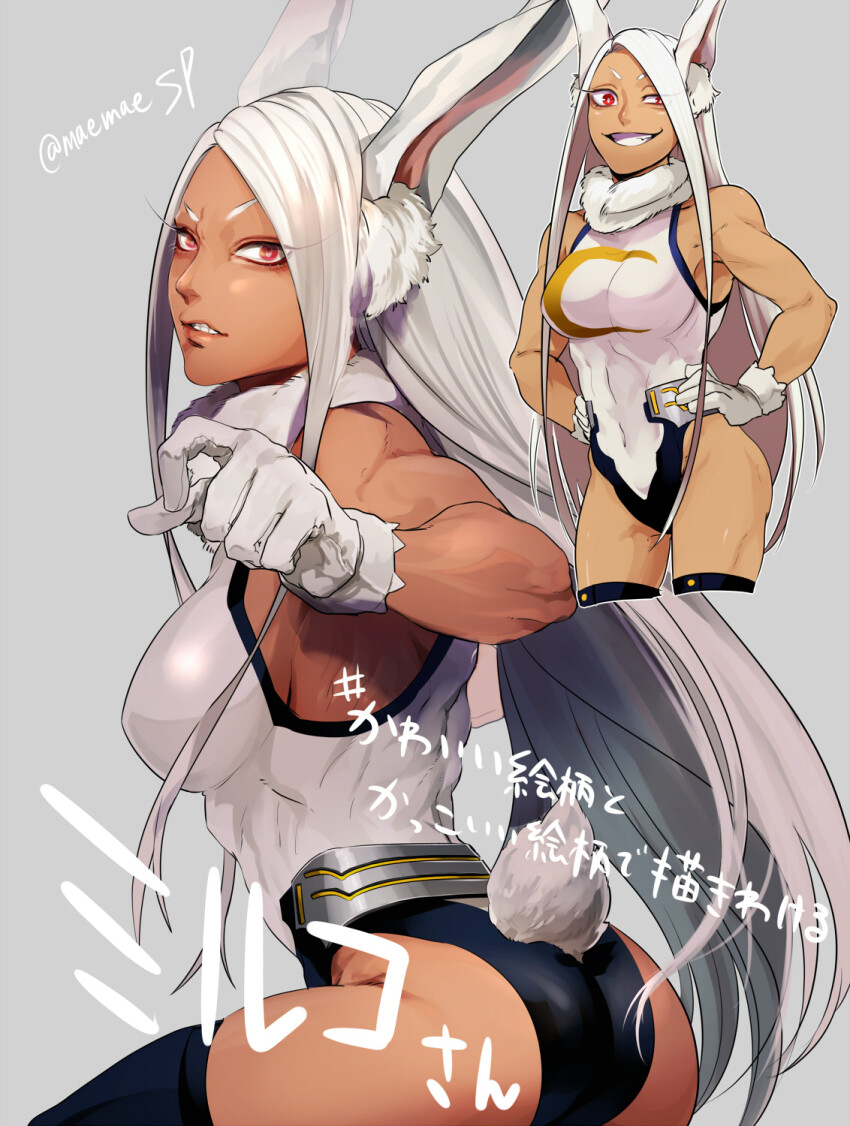 1girl animal_ear_fluff animal_ears boku_no_hero_academia breasts covered_navel dark-skinned_female dark_skin eyelashes grey_background grimace grin hands_on_own_hips highres leotard maemaesp mirko multiple_views rabbit_ears rabbit_girl rabbit_tail red_eyes sideboob smile tail toned toned_female translation_request twitter_username white_hair white_leotard