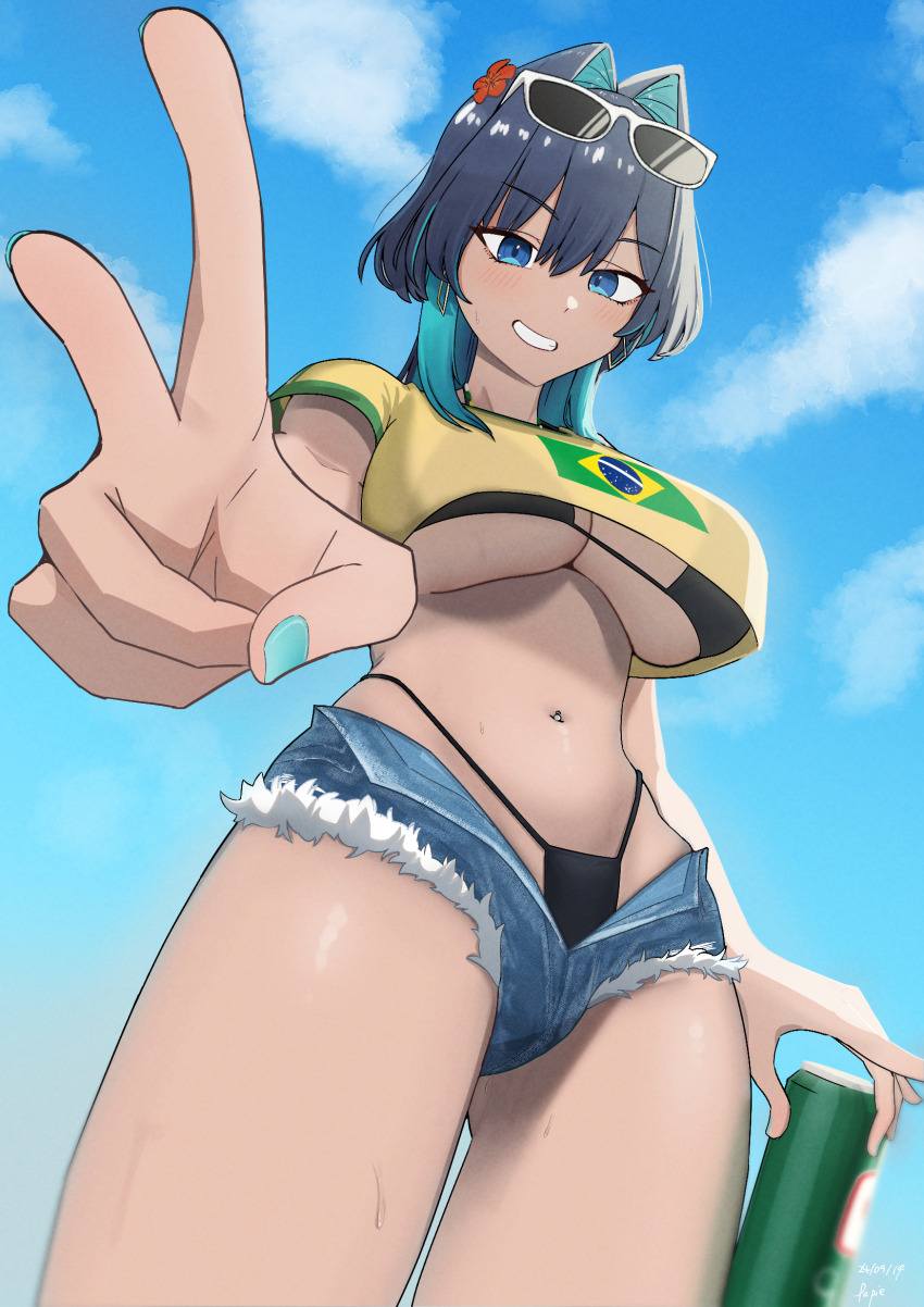 1girl bikini black_bikini blue_eyes blue_hair blue_sky blush brazilian_flag brazilian_flag_print brazilian_miku brazilian_miku_(cosplay) breasts can cloud cosplay denim denim_shorts drink earrings eyewear_on_head fapieeee foreshortening grin hair_intakes hair_ornament hatsune_miku highres holding holding_can hololive hololive_english jewelry large_breasts long_hair nail_polish navel open_clothes open_fly open_shorts ouro_kronii shirt short_shorts shorts sky smile solo swimsuit tan underboob v virtual_youtuber vocaloid yellow_shirt