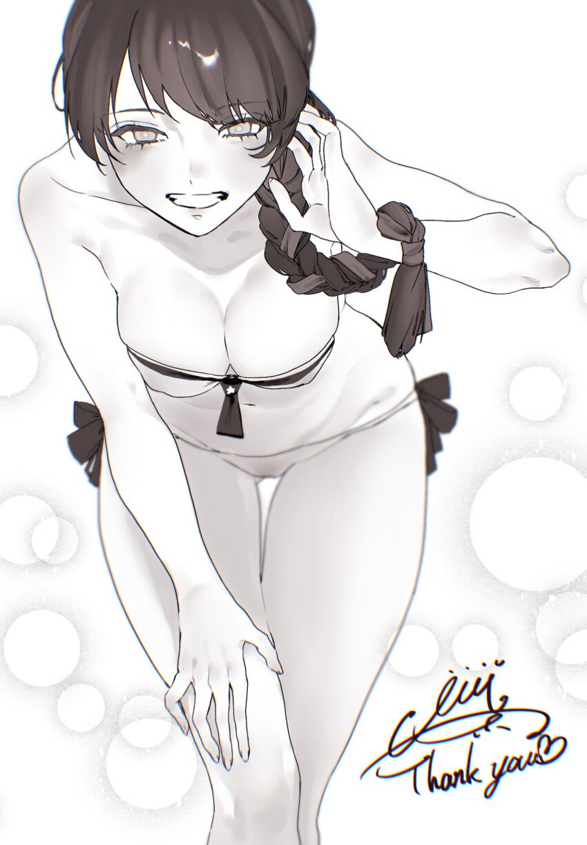 1girl bikini blush braid breasts cleavage commentary_request eyelashes greyscale grin hair_over_shoulder hand_on_own_knee heart highres kantai_collection leaning_forward looking_at_viewer medium_breasts monochrome nevada_(kancolle) oucha_(aupt31) signature simple_background single_braid smile solo strapless strapless_bikini swimsuit thank_you