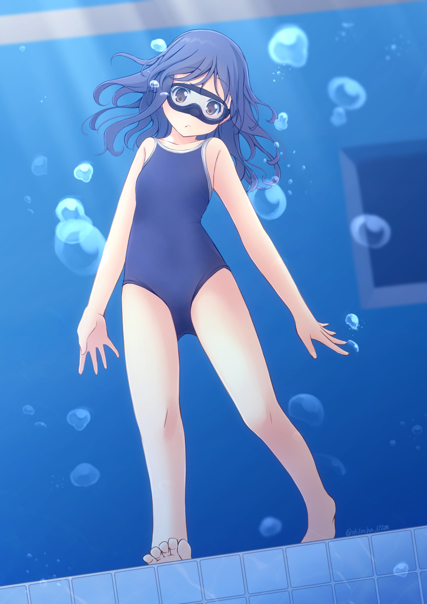 1girl absurdres air_bubble barefoot black_hair blue_one-piece_swimsuit brown_eyes bubble commentary_request commission competition_school_swimsuit diving_mask flat_chest from_behind full_body gluteal_fold goggles highres long_hair looking_at_viewer one-piece_swimsuit original pixiv_commission school_swimsuit shibacha solo standing swimsuit underwater