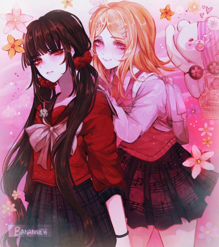 2girls akamatsu_kaede artist_name backpack bag bananniehh black_hair black_skirt blonde_hair blunt_bangs blush brown_hair commentary cowboy_shot danganronpa_(series) danganronpa_v3:_killing_harmony flower fortissimo hair_ornament hair_scrunchie hairclip harukawa_maki highres long_hair long_sleeves looking_at_viewer low_twintails mole mole_under_eye monophanie multiple_girls musical_note musical_note_hair_ornament pink_background pink_bag pink_eyes pink_shirt pleated_skirt print_skirt purple_skirt red_eyes red_scrunchie sailor_collar school_uniform scrunchie serafuku shirt skirt smile symbol-only_commentary twintails very_long_hair vest