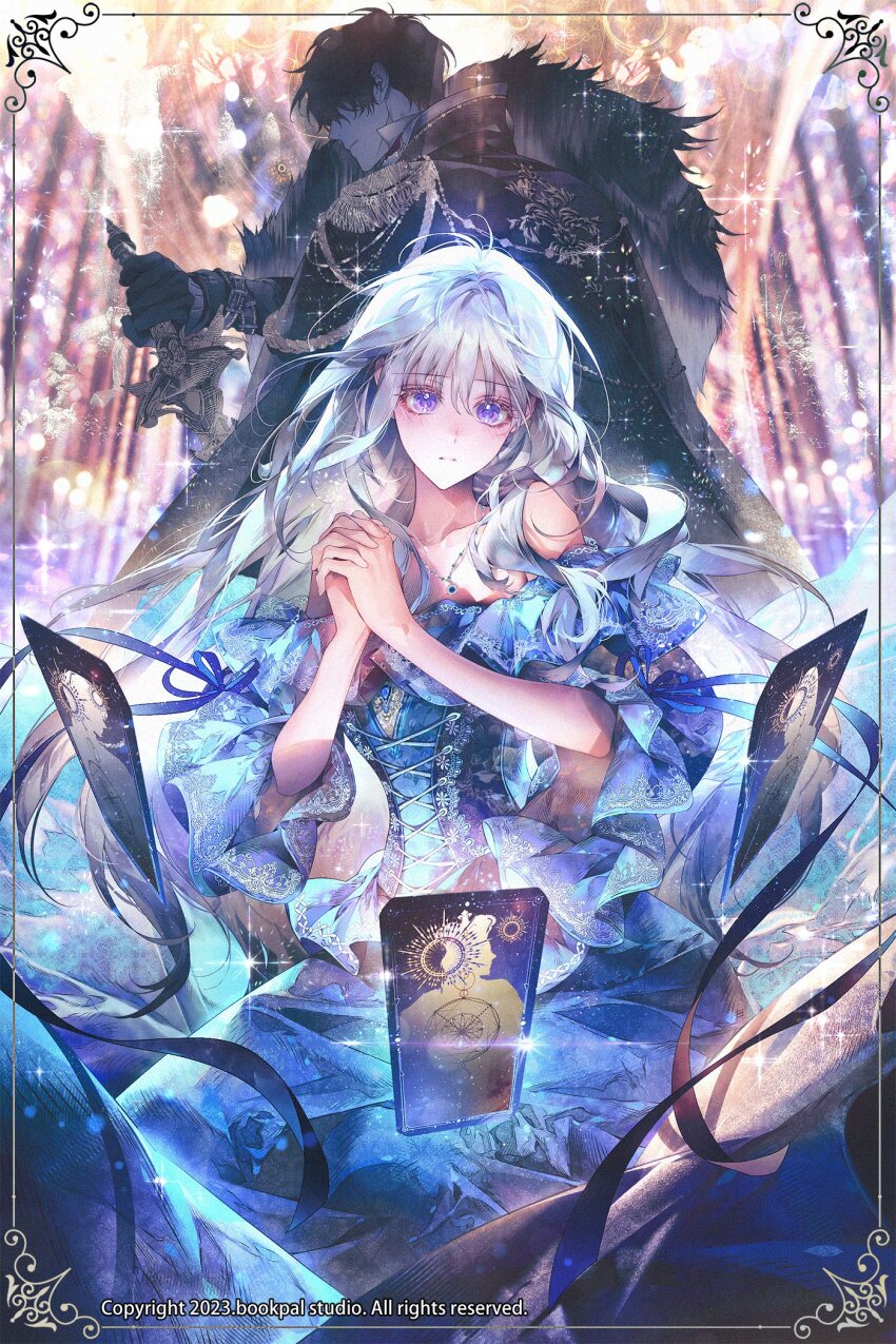 1boy 1girl black_hair blue_dress blunt_bangs card_(medium) dress ena_(enaa97) floating fur-trimmed_jacket fur_trim highres jacket layered_dress long_hair looking_at_viewer original own_hands_clasped own_hands_together palms_together praying purple_eyes short_hair white_hair