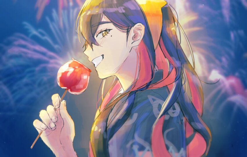 1girl apple_ojisang black_hair candy_apple carmine_(pokemon) colored_inner_hair creatures_(company) crossed_bangs firework_background fireworks food from_side game_freak hair_between_eyes hairband highres holding holding_food jinbei_(clothes) long_hair looking_at_viewer mole mole_under_eye multicolored_hair nintendo pokemon pokemon_sv red_hair smile upper_body yellow_eyes yellow_hairband