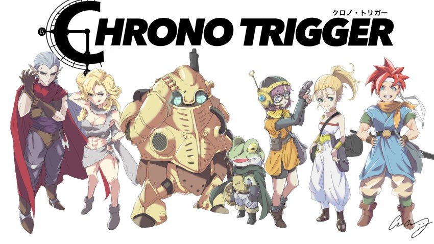 3girls armor ayla_(chrono_trigger) blonde_hair blue_eyes breasts cape chrono_trigger closed_mouth crazy02oekaki crono_(chrono_trigger) frog_(chrono_trigger) glasses gun helmet highres jewelry long_hair looking_at_viewer lucca_ashtear magus_(chrono_trigger) marle_(chrono_trigger) multiple_boys multiple_girls ponytail purple_hair red_hair robo_(chrono_trigger) robot scarf shield short_hair simple_background smile weapon white_background