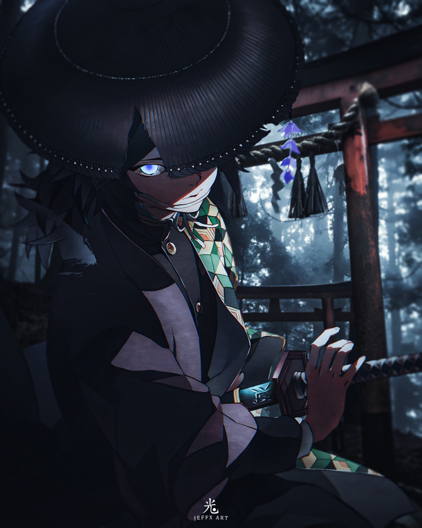 black_hair blue_eyes checkered_haori closed_mouth collared_shirt demon_slayer_uniform forest glowing glowing_eyes haori hat highres holding japanese_clothes jeffxart jingasa katana kimetsu_no_yaiba long_hair looking_at_viewer male_focus nature pants shirt sword tomioka_giyuu torii weapon