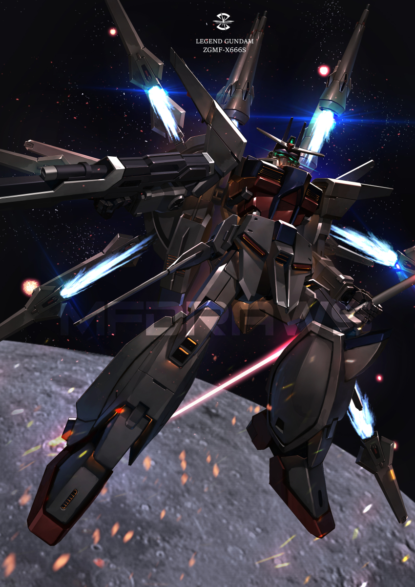 absurdres beam_rifle energy_sword brayanong999 character_name commentary double-blade energy_gun energy_sword english_text exhaust funnels_(gundam) glowing glowing_eyes green_eyes gun gundam gundam_seed gundam_seed_destiny highres holding holding_gun holding_sword holding_weapon legend_gundam looking_at_viewer mecha mobile_suit no_humans polearm robot science_fiction solo sword swordstaff thrusters v-fin weapon