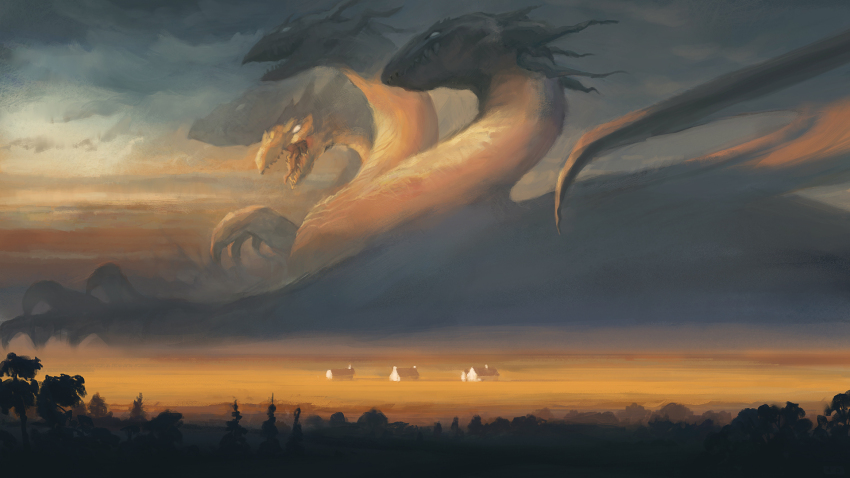 animal_focus blank_eyes building cloud cloudy_sky commentary dragon english_commentary fantasy field giant giant_monster gradient_sky highres house hydra joel_pigou multiple_heads no_humans open_mouth original photoshop_(medium) scenery sharp_teeth sky teeth tree