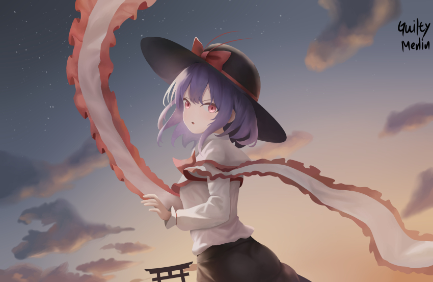 1girl black_hat black_skirt bow capelet cloud commentary commission english_commentary frilled_capelet frilled_shawl frills gradient_sky guilty_merlin hat hat_bow highres long_sleeves looking_at_viewer nagae_iku open_mouth outdoors purple_hair red_bow red_eyes shawl shirt short_hair signature skirt sky solo torii touhou white_shirt