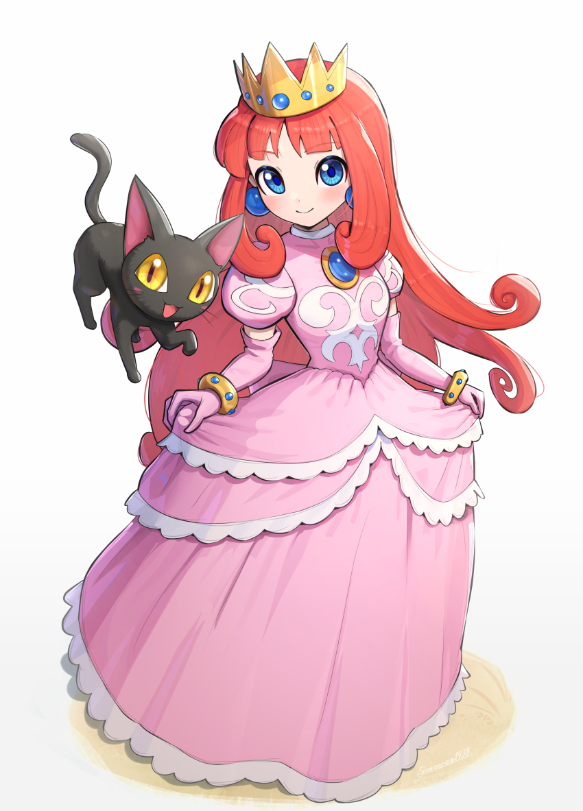 absurdres black_cat_(wario_land) blue_eyes bracelet cat chest_jewel crown dress elbow_gloves gem gloves gonzarez highres jewelry long_hair mario_(series) nintendo pink_dress princess princess_dress princess_shokora red_hair wario_land wario_land_4