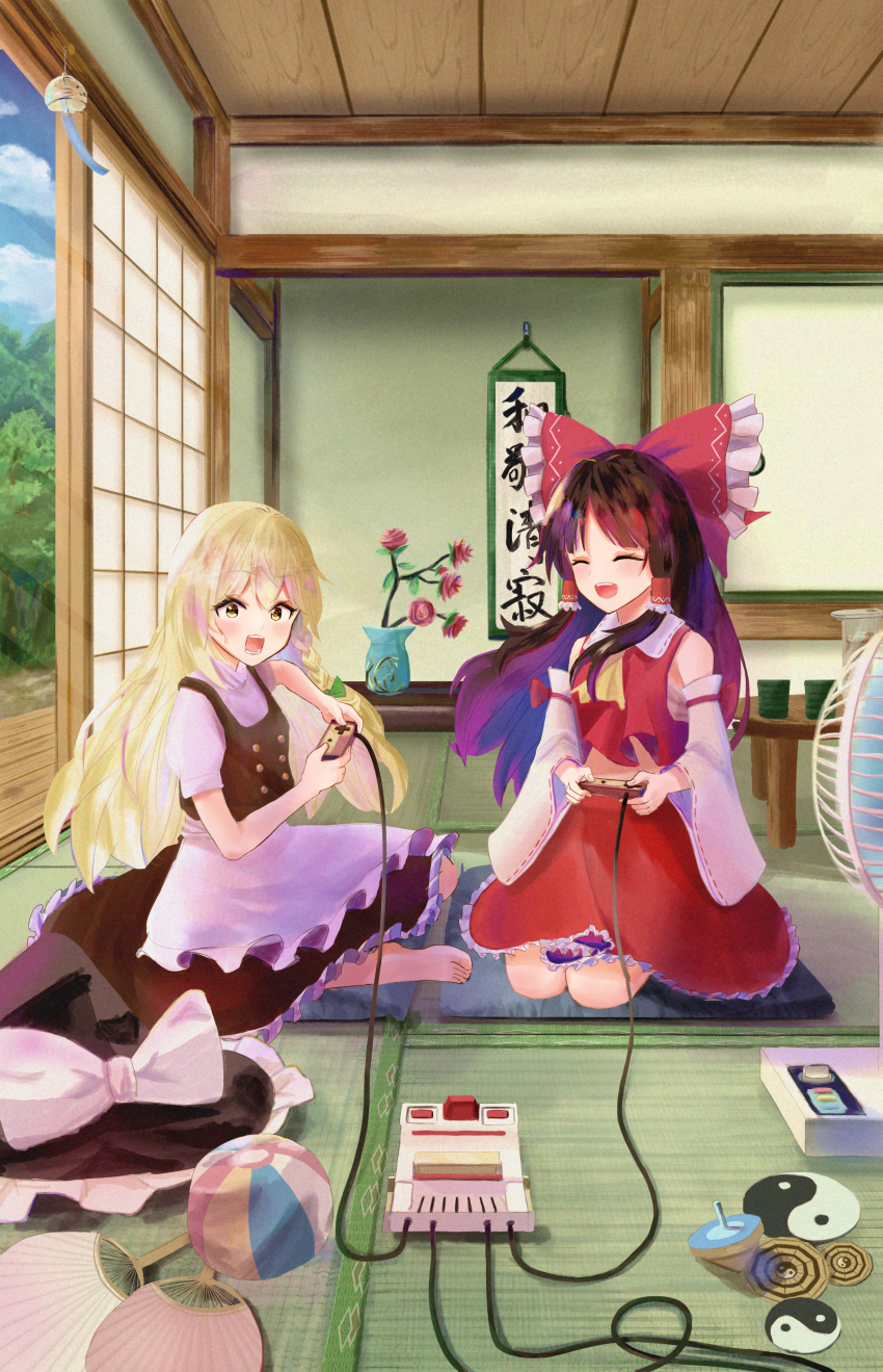 2girls absurdres apron ascot ball black_vest blonde_hair blush bow braid brown_hair chabudai_(table) closed_eyes cloud commentary_request controller cup detached_sleeves electric_fan flower frilled_bow frilled_hair_tubes frills game_console game_controller green_bow hair_bow hair_tubes hakurei_reimu hand_fan hat highres holding holding_controller holding_game_controller kirisame_marisa long_hair multiple_girls open_mouth red_bow red_skirt ribbon-trimmed_sleeves ribbon_trim short_sleeves side_braid single_braid sitting skirt skirt_set smile sweatdrop table tosamiubi touhou unworn_headwear vase vest waist_apron white_apron white_bow wind_chime witch_hat yellow_ascot yellow_eyes yin_yang yunomi