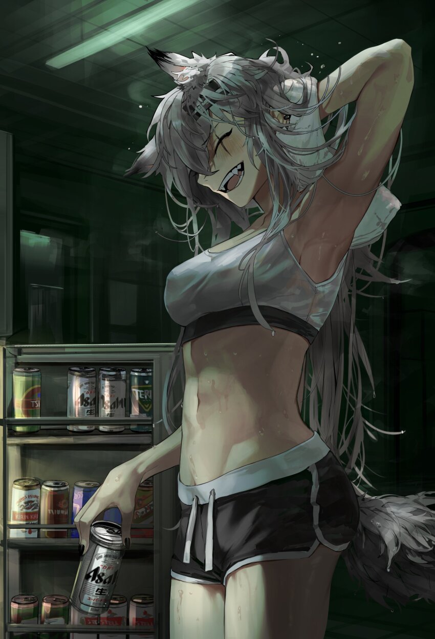 1girl a0lp absurdres alcohol alternate_costume animal_ear_fluff animal_ears arknights beer beer_can can dolphin_shorts drink_can grey_tail hair_ornament hairclip highres lappland_(arknights) refrigerator scar scar_on_face shorts solo sports_bra tail wolf_girl wolf_tail