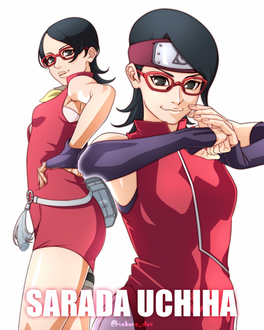 1girl belt black_eyes black_gloves black_hair boruto:_naruto_next_generations breasts character_name cowboy_shot cowlick detached_sleeves dress fingerless_gloves fist_in_hand forearm_gloves forehead_protector gloves haruno_sakura_(cosplay) headband highres konohagakure_symbol looking_at_viewer looking_to_the_side medium_hair multiple_views naruto_(series) no_pupils parted_lips red-framed_eyewear red_dress red_headband saburo_des short_dress sleeveless small_breasts smirk twitter_username uchiha_sarada upper_body white_background