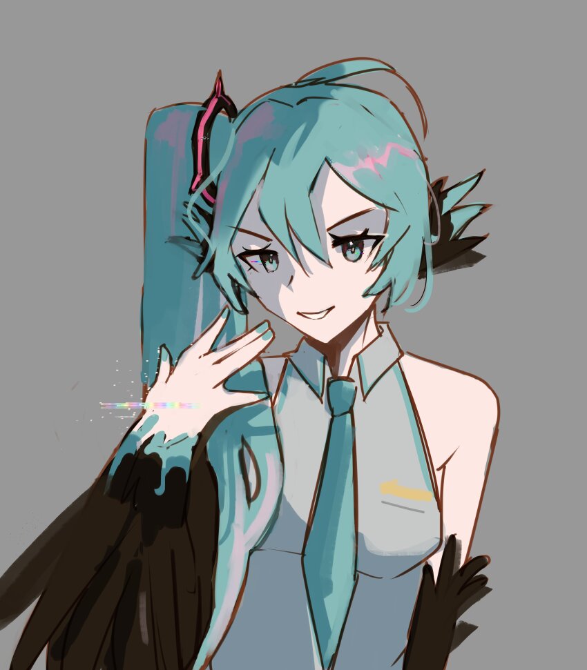 1girl absurdres alternate_hairstyle animal_ears bare_shoulders bird_ears black_feathers black_wings blue_eyes blue_hair blue_nails blue_necktie breasts commentary_request ev_v1l feathered_wings feathers grey_background grey_shirt grin hair_between_eyes harpy hatsune_miku hatsune_miku_(noodle_stopper) highres long_hair monster_girl monsterification necktie shirt side_ponytail simple_background sleeveless sleeveless_shirt small_breasts smile solo vocaloid winged_arms wings