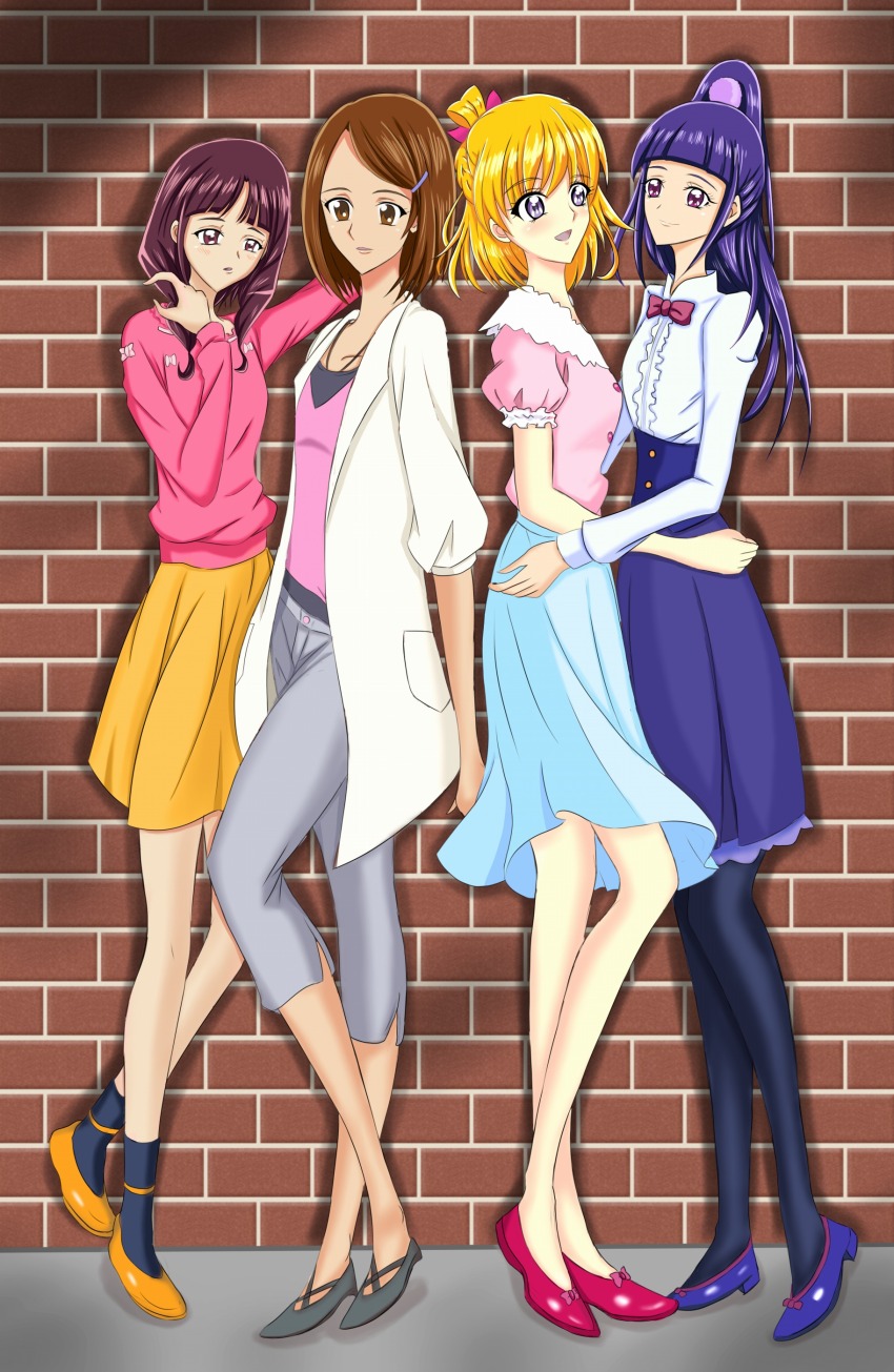 absurdres asahina_mirai brick_wall genesishisyou hand_on_another&#039;s_waist highres izayoi_liko katsuki_kana looking_at_another mahou_girls_precure! nagase_mayumi precure