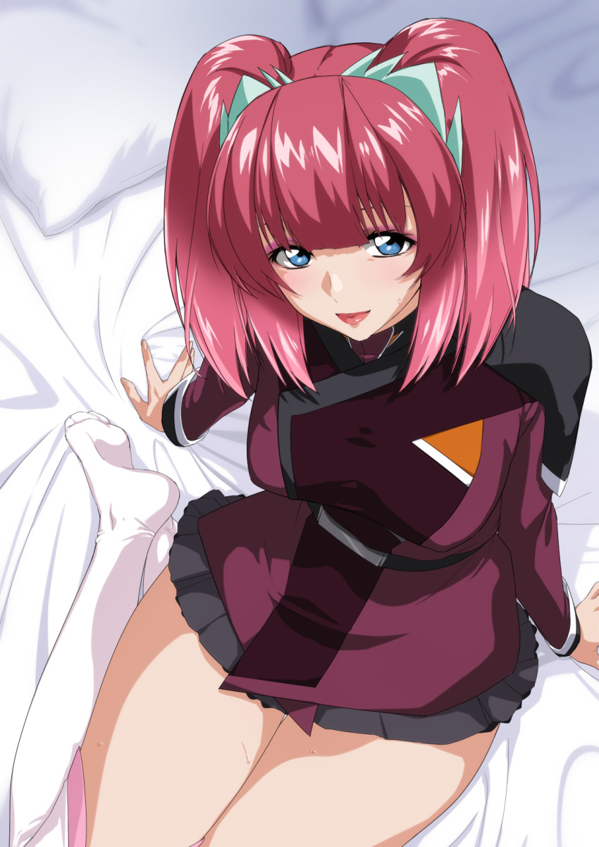 1girl agnes_giebenrath bed_sheet black_skirt blue_eyes commentary_request compass_uniform eyeshadow gundam gundam_seed gundam_seed_freedom highres jacket lipstick long_hair looking_at_viewer makeup military_uniform miniskirt neziiro on_bed pillow pink_eyeshadow pink_hair pleated_skirt red_hair red_jacket skirt solo thighhighs thighs twintails white_thighhighs