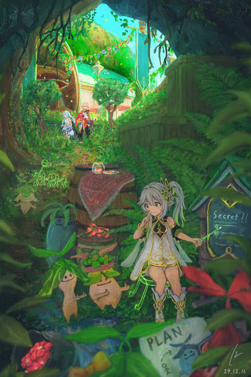 1boy 2girls aqua_hair aranara_(genshin_impact) banner barrel bloomers bottle bracelet building cape clothing_cutout commentary_request cross-shaped_pupils dated day dress faruzan_(genshin_impact) feather_hair_ornament feathers flower genshin_impact gold_trim gradient_hair grass green_cape green_hair green_sleeves hair_ornament highres hourglass index_finger_raised jewelry kaveh_(genshin_impact) leaf leaf_hair_ornament mandarin_collar multicolored_hair multiple_girls nahida_(genshin_impact) outdoors plate pointy_ears red_cape shoulder_cutout side_ponytail sign signature sky stirrup_footwear stirrup_legwear suke_omi symbol-shaped_pupils toeless_footwear toeless_legwear tree twintails underwear white_bloomers white_dress white_hair