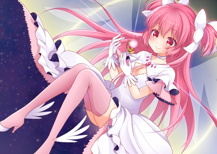 10s 1girl bow breasts cleavage cleavage_cutout clothing_cutout dress female_focus gloves hair_bow high_heels kaname_madoka long_hair magical_girl mahou_shoujo_madoka_magica mahou_shoujo_madoka_magica_(anime) nekosugi_(hoshi) pink_hair small_breasts solo soul_gem spoilers thighhighs twintails two_side_up ultimate_madoka white_gloves yellow_eyes