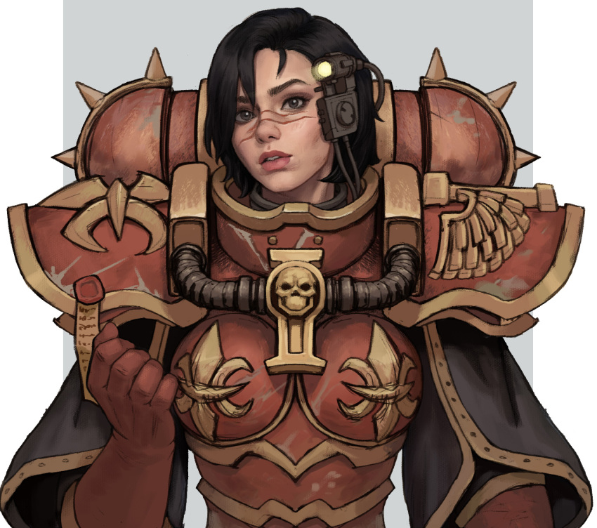 1girl adepta_sororitas armor black_capelet black_eyes black_hair boobplate breastplate capelet gloves gold_trim highres parted_lips purity_seal red_gloves scar scar_on_face scar_on_nose short_hair skull_ornament solo spikes upper_body warhammer_40k yangzheyy