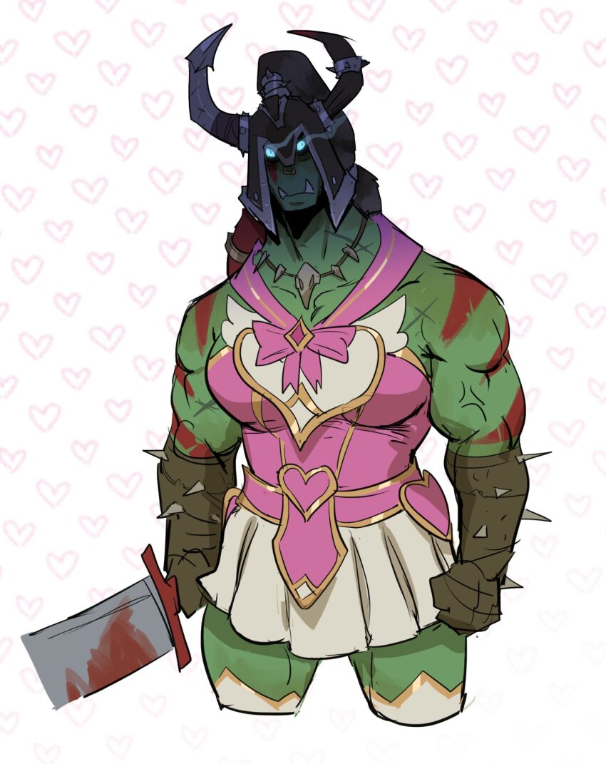 1boy bara blood bloody_weapon character_request cropped_legs dress fake_horns glowing glowing_eyes helmet highres horned_helmet horns large_pectorals looking_at_viewer magical_boy male_focus monster_boy muscular muscular_male orc pectorals pink_dress solo standing tusks weapon wkokbu