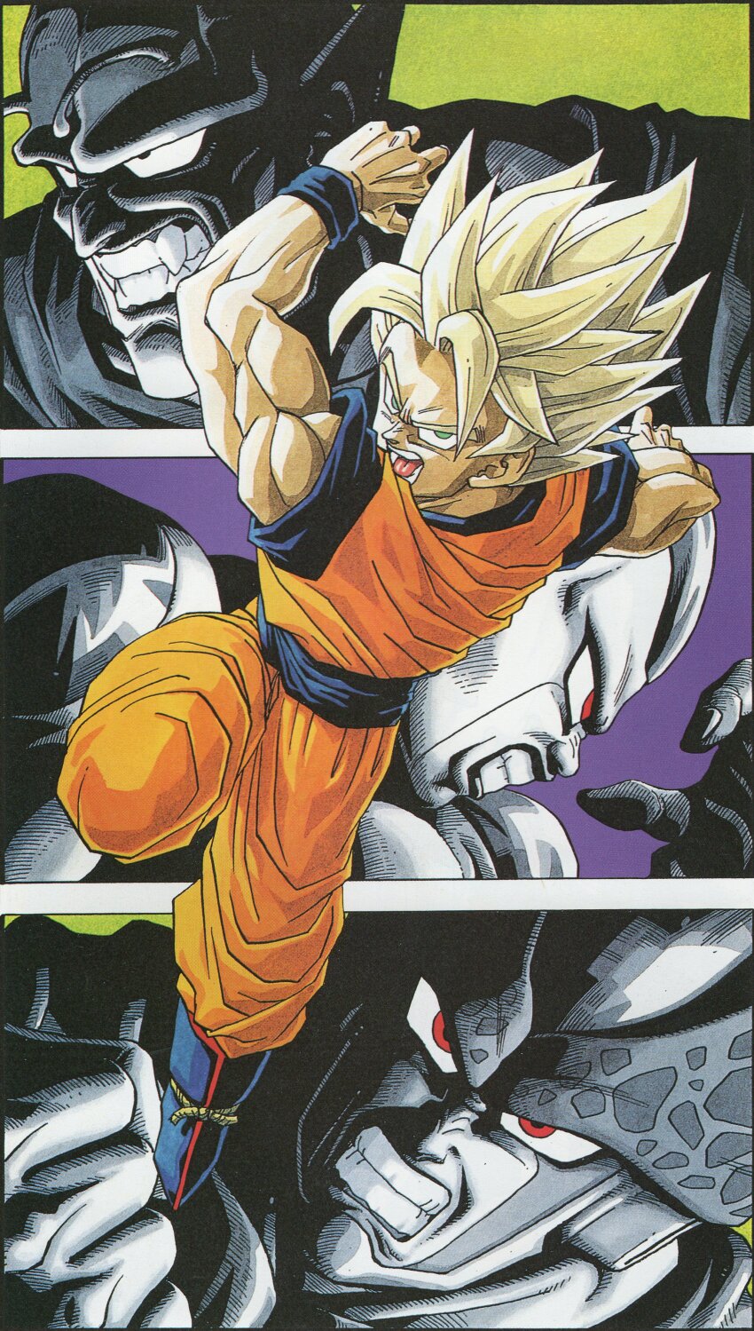 4boys absurdres angry antennae blonde_hair border cell_(dragon_ball) clenched_hand clenched_teeth commentary dougi dragon_ball dragon_ball_(classic) dragonball_z english_commentary fangs fighting_stance final_form_frieza forehead_jewel frieza full_body green_eyes hatching_(texture) highres leg_up looking_ahead looking_at_viewer male_focus multiple_boys muscular muscular_male official_art open_mouth orange_dougi perfect_cell piccolo_daimaou pointy_ears profile red_eyes scan son_goku spiked_hair spot_color spots super_saiyan super_saiyan_2 teeth third-party_source toriyama_akira transformation white_border