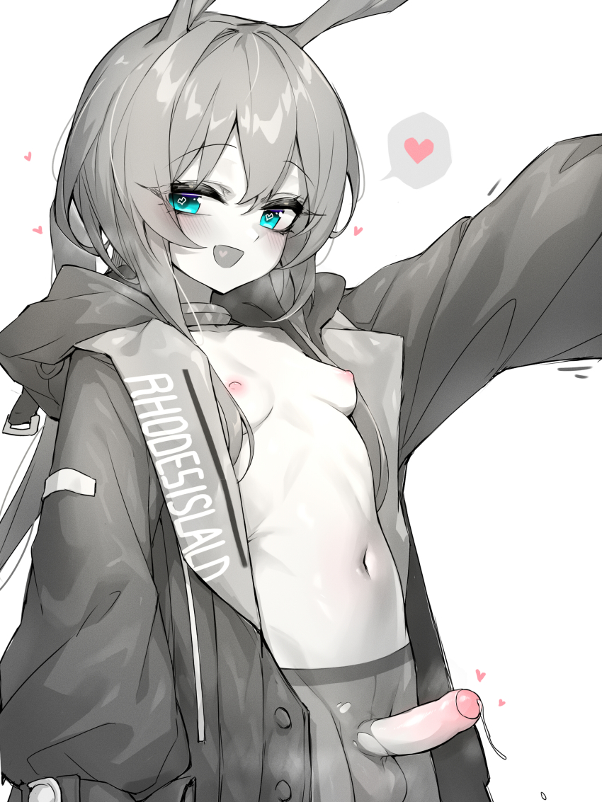 1girl absurdres amiya_(arknights) animal_ears arknights blue_eyes breasts covered_testicles erection foreskin futanari hair_between_eyes heart highres hood hood_down hooded_jacket jacket kupa_(jesterwii) looking_at_viewer navel nipples open_clothes open_jacket open_mouth outstretched_arm pantyhose penis phimosis precum rabbit_ears simple_background small_breasts smile solo spoken_heart spot_color stomach torn_clothes torn_pantyhose uncensored white_background
