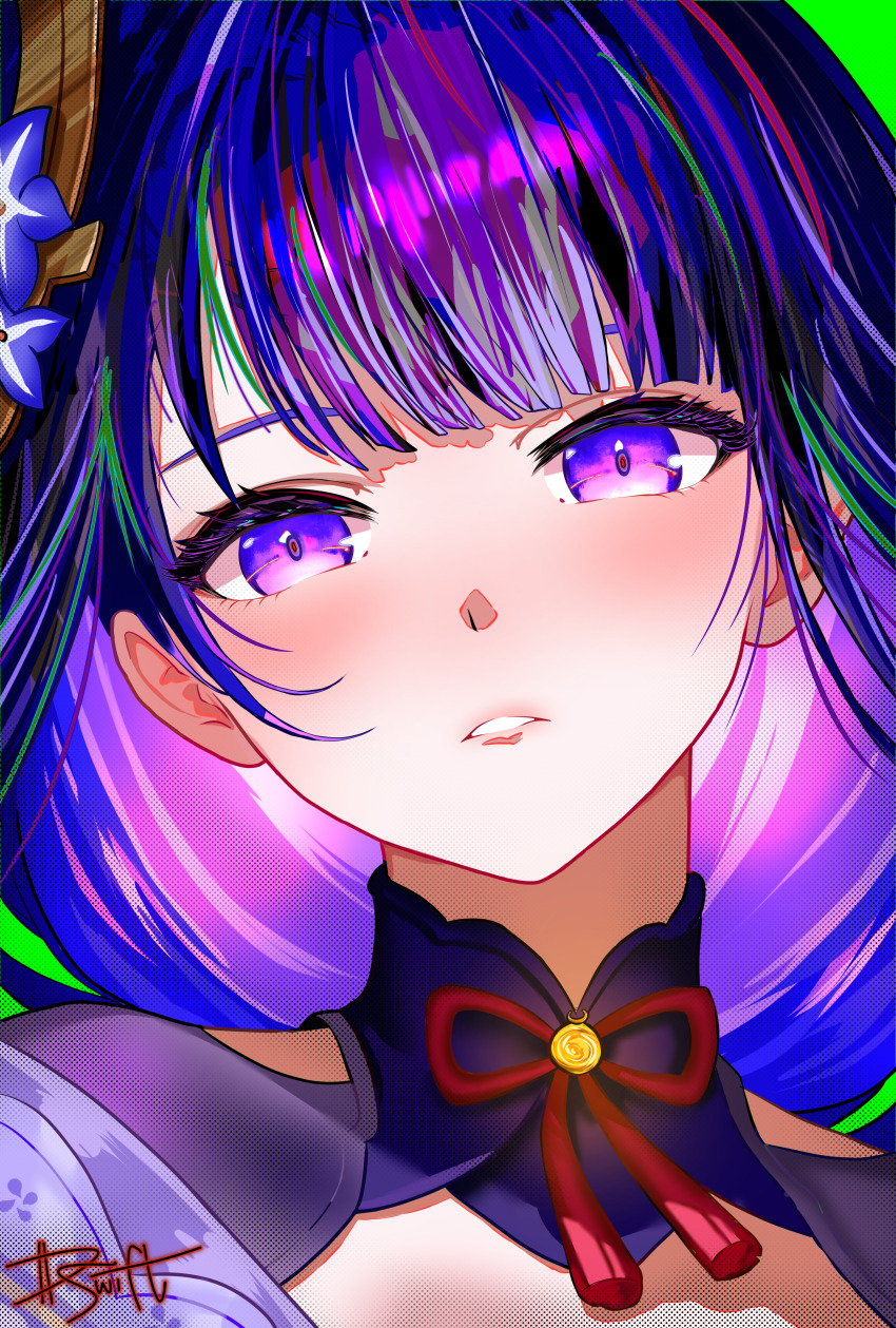 1girl absurdres artist_name blunt_bangs blush dfswift flower genshin_impact hair_flower hair_ornament halftone highres lips long_hair looking_at_viewer parted_lips pink_lips portrait purple_eyes purple_hair raiden_shogun signature solo thick_eyelashes