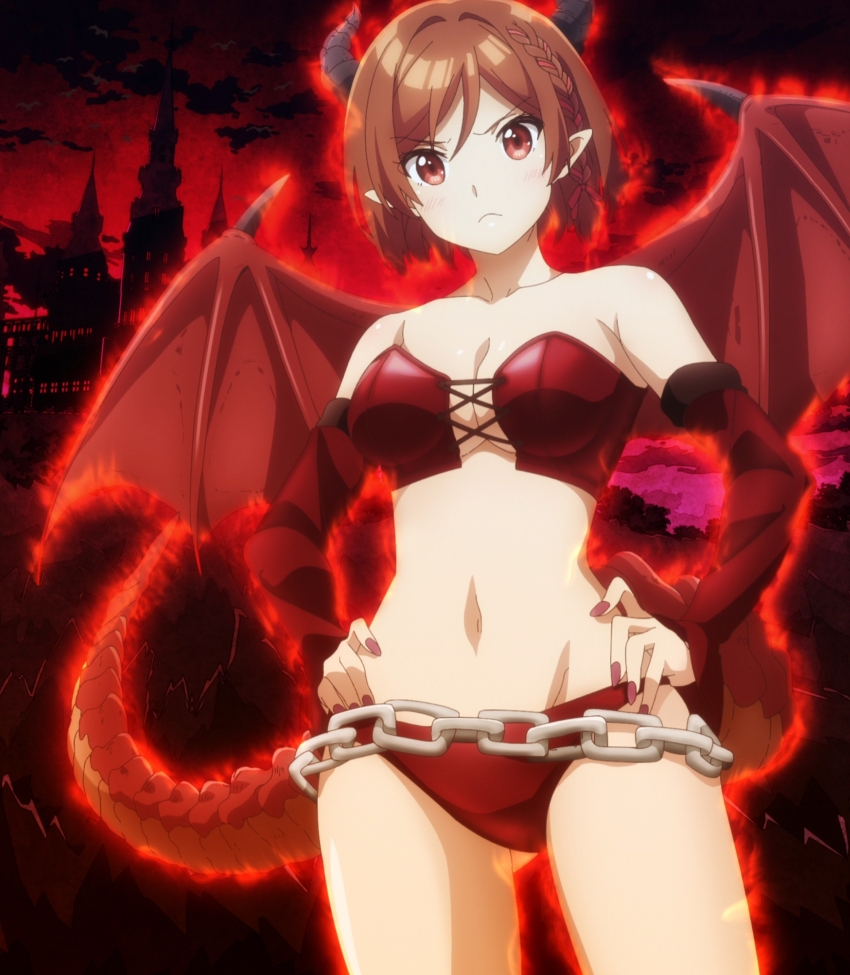 1girl anime_screenshot bare_shoulders bikini braid breasts brown_hair chain class_no_daikirai_na_joshi_to_kekkon_suru_koto_ni_natta. cleavage demon_girl demon_horns demon_tail demon_wings detached_sleeves hands_on_own_hips highres horns large_breasts legs long_sleeves nail_polish navel pointy_ears red_bikini red_eyes red_nails ribbon_braid sakuramori_akane serious short_hair side_braid sidelocks stitched stomach swimsuit tail thighs third-party_edit wings