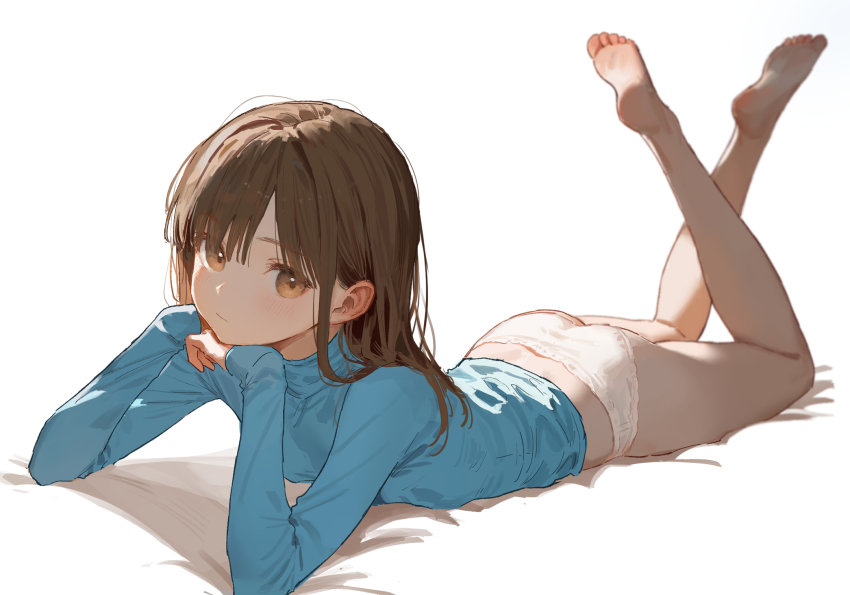 1girl akipeko barefoot blue_shirt blunt_bangs brown_eyes brown_hair closed_mouth full_body hand_on_own_chin highres legs light_blush long_hair long_sleeves looking_at_viewer lying on_stomach original panties shirt simple_background solo the_pose underwear white_background white_panties