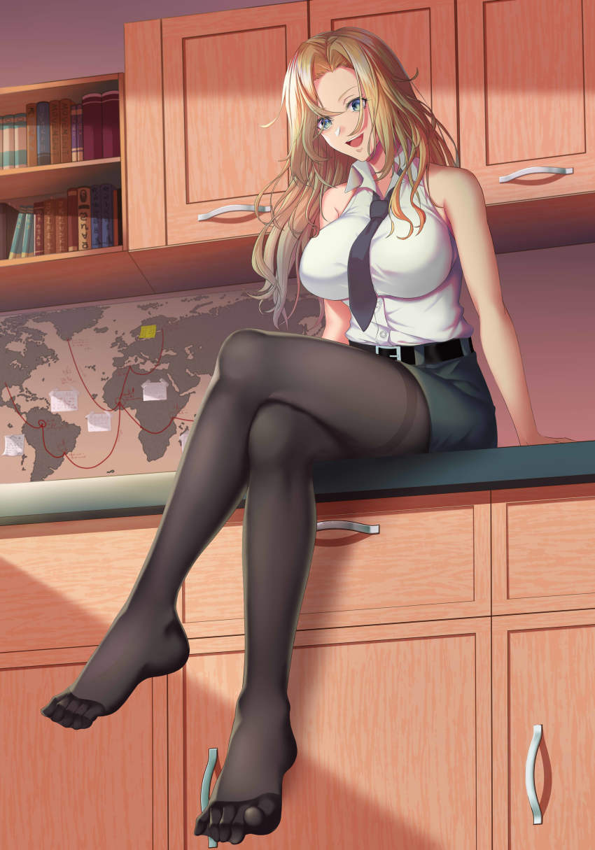 1girl absurdres belt belt_buckle black_belt black_necktie black_pantyhose black_skirt blonde_hair blouse breasts buckle collared_shirt dress_shirt feet grey_eyes highres hornet_(kancolle) indoors kantai_collection large_breasts long_hair map miniskirt necktie pantyhose pencil_skirt sbean shirt sitting skirt sleeveless sleeveless_shirt solo white_shirt world_map