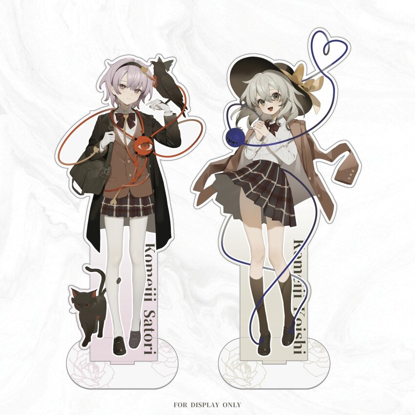 2girls :d :| acrylic_stand_(medium) alternate_costume bag bird black_bag black_bird black_bow black_bowtie black_cat black_coat black_footwear black_hat black_skirt black_socks bow bowtie breasts brown_coat brown_vest cat character_name closed_mouth coat collared_shirt full_body gloves green_eyes green_hair hair_ornament hands_up hashtag-only_commentary hat hat_bow hat_ribbon heart heart_hair_ornament heart_of_string highres interlocked_fingers kaenbyou_rin kaenbyou_rin_(cat) komeiji_koishi komeiji_satori large_breasts long_hair long_sleeves looking_at_viewer multiple_girls open_mouth own_hands_together pantyhose pink_eyes pink_hair plaid_clothes plaid_skirt rcs_4 reiuji_utsuho reiuji_utsuho_(bird) ribbon shirt shoes short_hair shoulder_bag siblings sisters skirt smile socks third_eye touhou vest white_gloves white_pantyhose white_shirt white_socks yellow_bow yellow_ribbon