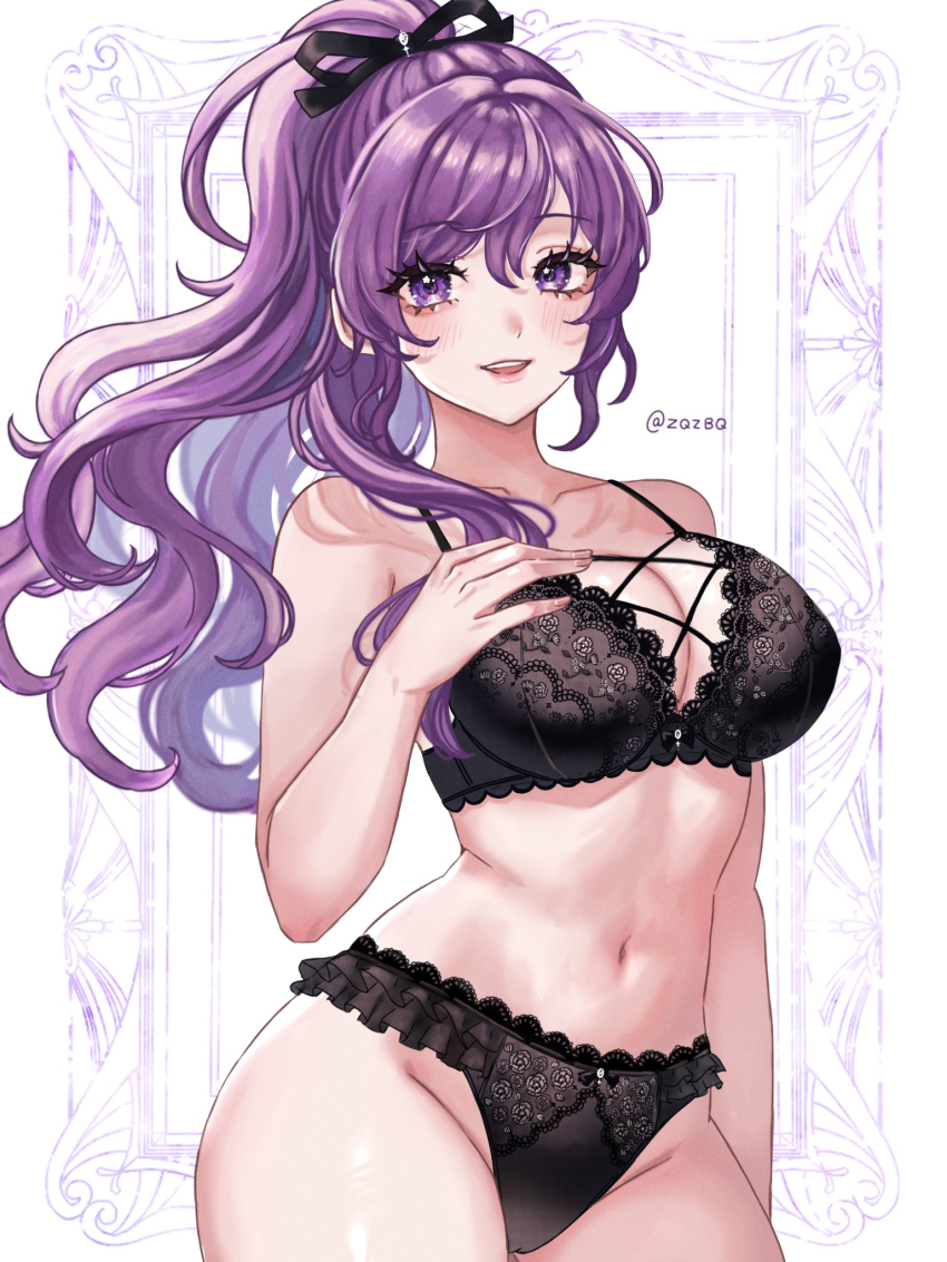 1girl :d asahina_mafuyu bare_shoulders black_panties black_ribbon blush bra breasts cleavage collarbone commentary cowboy_shot groin hair_ribbon hand_on_own_chest highres lace lace-trimmed_bra lace-trimmed_panties lace_trim large_breasts lingerie long_hair looking_at_viewer nipples open_mouth panties picture_frame ponytail project_sekai purple_eyes purple_hair ribbon smile solo underwear underwear_only zqzbq