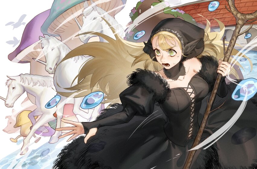 1girl ambrosia_(dungeon_meshi) bare_shoulders black_dress black_gloves black_hood blonde_hair breasts detached_hood detached_sleeves dress dungeon_meshi ear_covers elf fingerless_gloves fur-trimmed_dress fur_dress fur_trim gloves green_eyes highres holding holding_staff hood hood_up lace-trimmed_headwear lace_trim long_hair marcille_donato marcille_donato_(lord) medium_breasts official_alternate_costume pig pointy_ears rerheart solo staff sweatdrop undine unicorn walking_mushroom_(dungeon_meshi) water