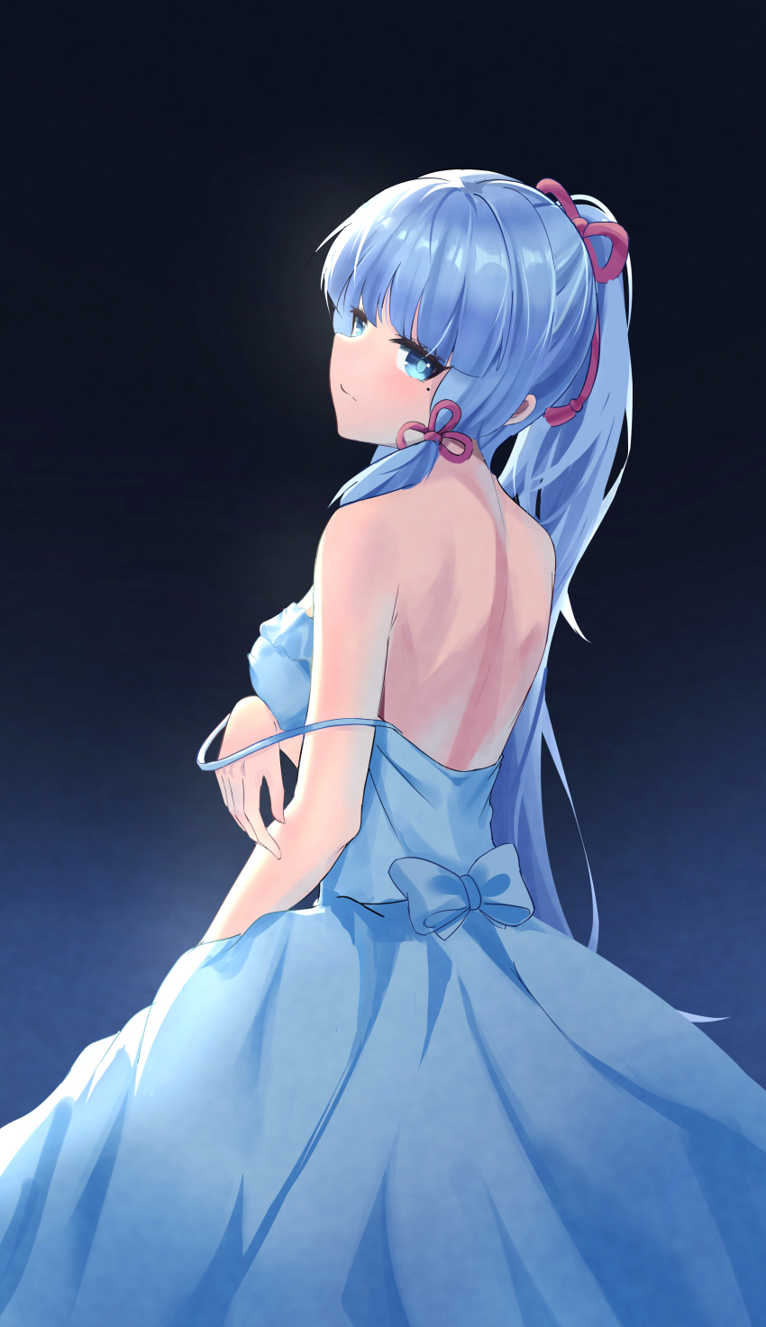 1girl :/ arm_at_side ayaka_(genshin_impact) back back_bow backless_dress backless_outfit bare_arms bare_shoulders black_background blue_background blue_bow blue_dress blue_eyes blue_hair blunt_bangs bow breasts closed_mouth cowboy_shot czk dress eyelashes from_behind from_side genshin_impact gradient_background hand_on_own_arm high_ponytail long_dress long_hair looking_at_viewer looking_back medium_breasts mole mole_under_eye ponytail sidelocks sideways_glance sleeveless sleeveless_dress solo spaghetti_strap standing strap_slip very_long_hair