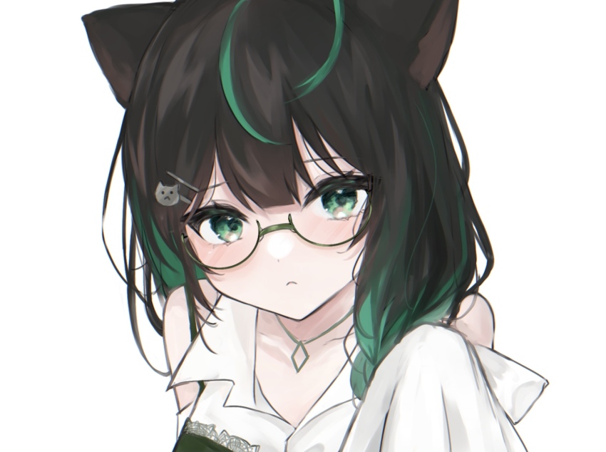 animal_ears black_hair cat_ears cat_hair_ornament collarbone detached_sleeves glasses green_hair hair_ornament jewelry kemonomimi_mode maguro_(minase1684) multicolored_hair necklace nijisanji nijisanji_kr shin_yuya shirt sleeves_past_fingers sleeves_past_wrists solo streaked_hair virtual_youtuber white_background white_shirt