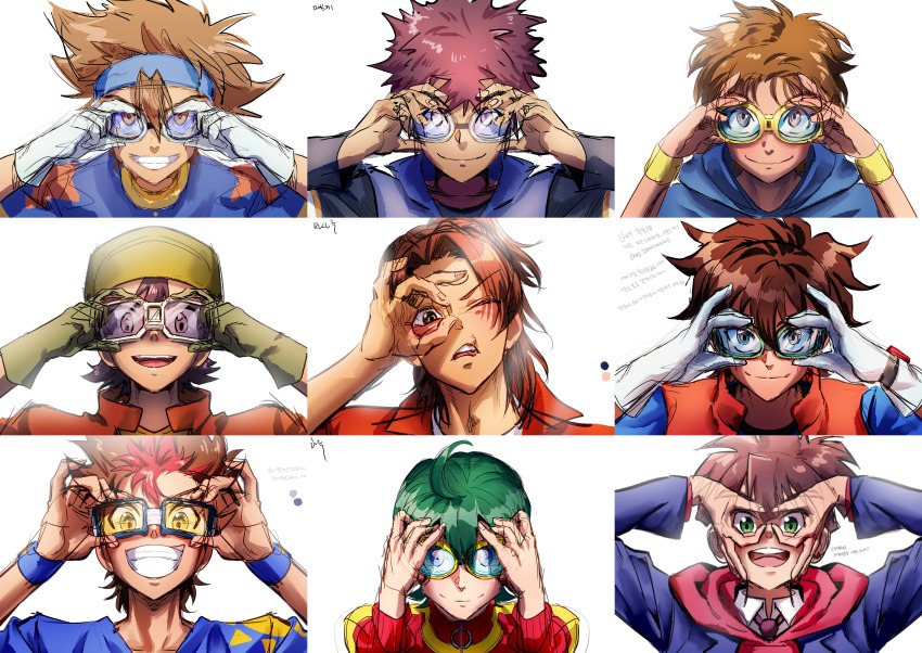 6+boys absurdres akashi_tagiru amanokawa_hiro bandana brown_hair daimon_masaru_(digimon_savers) digimon goggles green_eyes highres incredibly_absurdres kanbara_takuya kudou_taiki looking_at_viewer matsuda_takato motomiya_daisuke multiple_boys one_eye_closed shinkai_haru short_hair smile yagami_taichi