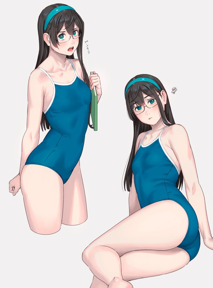 1girl ass bare_shoulders black_hair blue_eyes blue_hairband blue_one-piece_swimsuit blush book breasts closed_mouth commentary_request cowboy_shot glasses grey_background hair_between_eyes hairband highres holding holding_book kantai_collection long_hair looking_at_viewer multiple_views one-piece_swimsuit ooyodo_(kancolle) open_mouth rimless_eyewear simple_background small_breasts squiggle swimsuit teeth upper_teeth_only yuuji_(and)