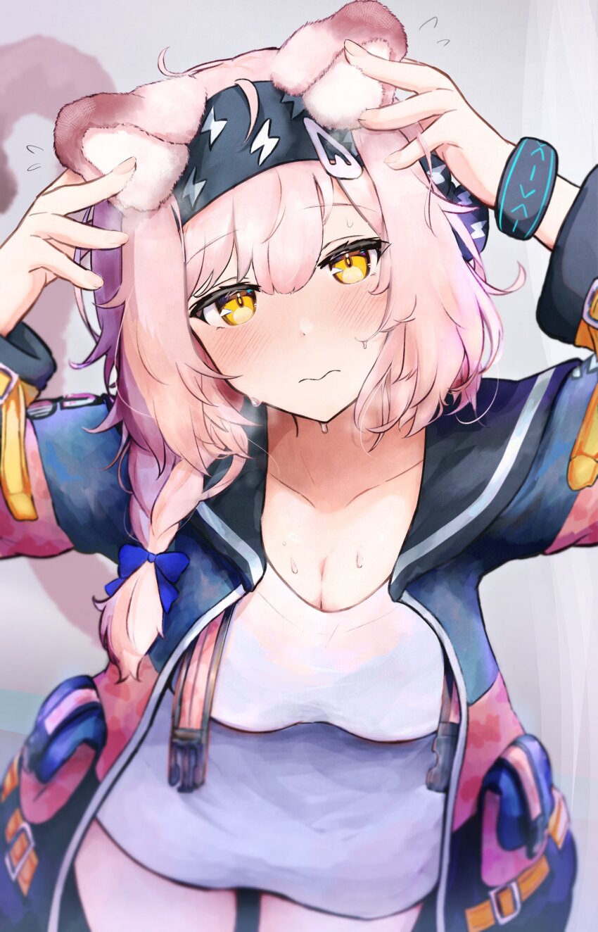 1girl absurdres animal_ears arknights arms_up black_hairband blue_bow blush bow bra_visible_through_clothes braid breasts cat_ears cat_girl cat_tail cleavage closed_mouth commentary_request flying_sweatdrops fuu_hoshimi goldenglow_(arknights) grey_jacket hair_between_eyes hair_bow hair_ornament hairband hairclip hand_on_own_ear highres infection_monitor_(arknights) jacket leaning_forward lightning_bolt_print long_hair long_sleeves looking_at_viewer multicolored_clothes multicolored_jacket open_clothes open_jacket pink_hair pink_jacket pocket print_hairband shirt side_braid solo sweat tail wavy_mouth white_shirt wristband yellow_eyes