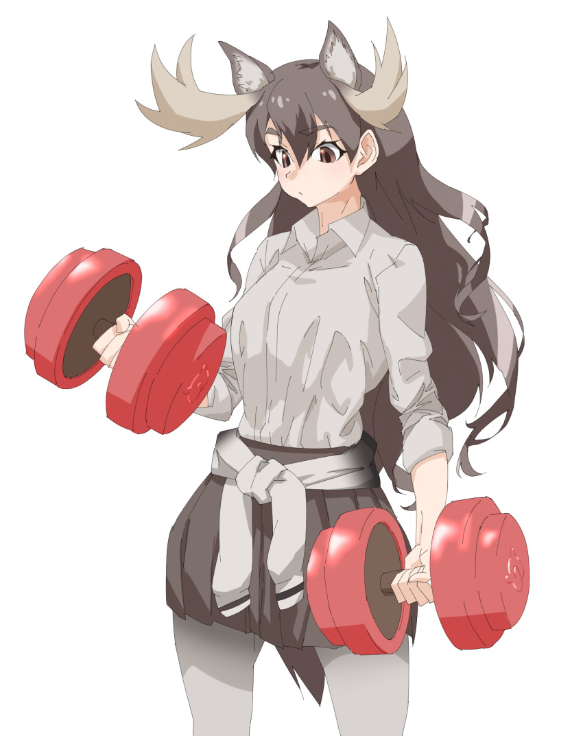 1girl animal_ear_fluff animal_ears antlers brown_eyes brown_hair brown_skirt clothes_around_waist collared_shirt cowboy_shot dumbbell extra_ears grey_pantyhose highres horns kemono_friends long_hair long_sleeves moose_(kemono_friends) moose_ears pantyhose pleated_skirt shirt simple_background skirt sleeves_rolled_up solo sweater sweater_around_waist tanabe_(fueisei) white_background white_shirt