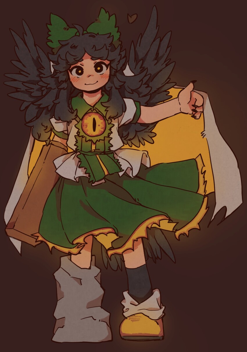 1girl :3 ahoge arm_cannon asymmetrical_footwear bird_tail bird_wings black_eyes black_hair black_nails black_socks black_wings bow cape cape_hold closed_mouth collared_shirt commentary ezier full_body green_bow green_shirt green_skirt hair_bow highres long_hair looking_at_viewer reiuji_utsuho shirt short_sleeves skirt socks solo tail third_eye touhou two-sided_cape two-sided_fabric two-tone_shirt weapon white_cape white_shirt wings yellow_cape yellow_pupils