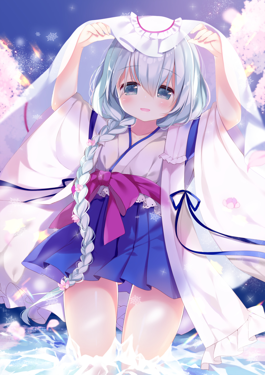 1girl :d ame_usari arms_up bad_id bad_pixiv_id bemani blue_eyes blue_ribbon blue_skirt blurry blurry_background blush bow braid commentary_request depth_of_field fingernails flower gluteal_fold hair_between_eyes hair_flower hair_ornament hair_over_shoulder highres hiyuki-chan japanese_clothes kimono long_hair long_sleeves looking_at_viewer open_mouth pink_flower pleated_skirt purple_bow ribbon see-through_clothes short_kimono sidelocks silver_hair single_braid skirt smile snowflakes solo sound_voltex sound_voltex_ii_infinite_infection sparkle veil very_long_hair wading water white_kimono wide_sleeves