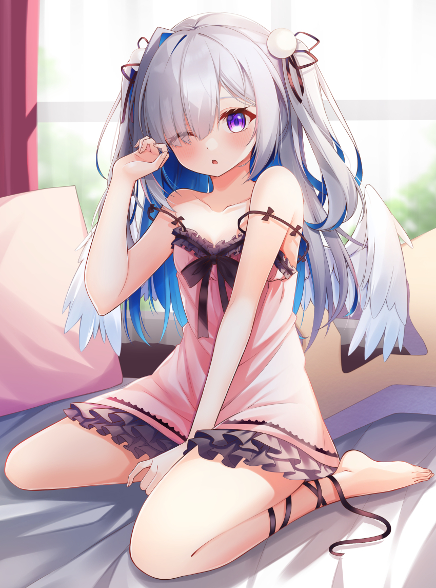 1girl absurdres amane_kanata angel angel_wings barefoot blue_hair blush breasts colored_inner_hair dress grey_hair highres hololive hoshino_reiji leg_ribbon long_hair looking_at_viewer multicolored_hair one_eye_closed open_mouth pink_dress purple_eyes ribbon small_breasts two_side_up virtual_youtuber wings