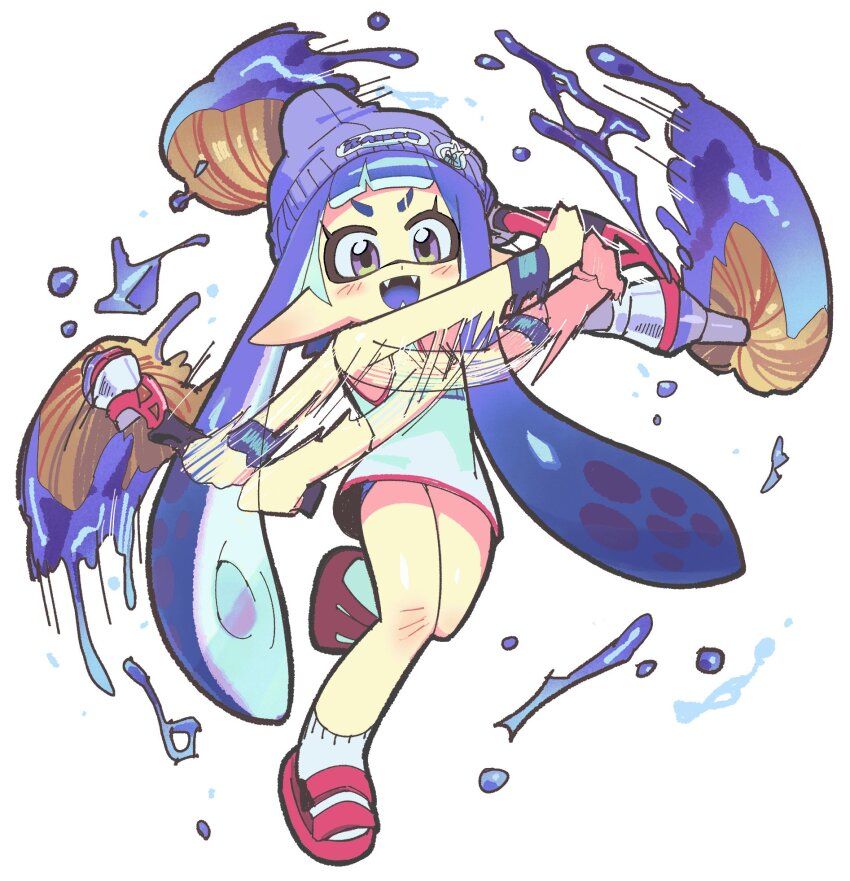 1girl :d afterimage beanie colored_tongue commentary_request eyebrow_cut fangs full_body hair_behind_ear hat highres holding holding_weapon inkbrush_(splatoon) inkling inkling_girl inkling_player_character korean_commentary long_hair long_pointy_ears motion_lines nintendo open_mouth pointy_ears purple_eyes purple_hair purple_hat purple_tongue purple_wristband red_footwear sandals simple_background smile socks solo splatkae splatoon_(series) standing standing_on_one_leg sweatband tank_top tentacle_hair twintails v-shaped_eyebrows weapon white_background white_socks white_tank_top