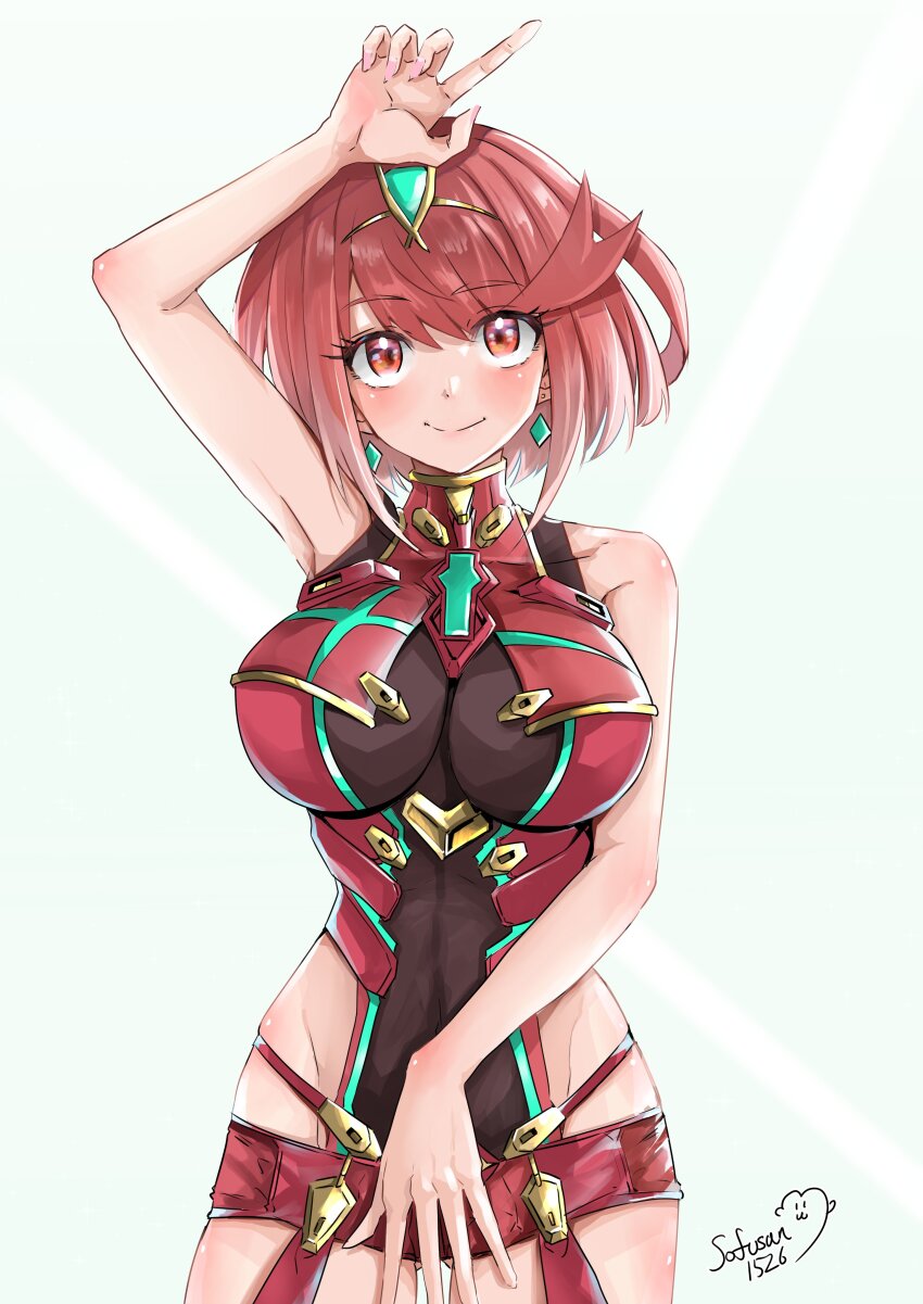 1girl absurdres breasts highres large_breasts pyra_(xenoblade) red_eyes red_hair short_hair simple_background sofusan1526 solo white_background xenoblade_chronicles_(series) xenoblade_chronicles_2