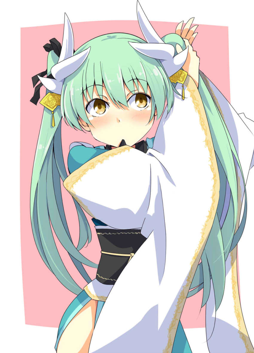 1girl adjusting_hair black_ribbon blush chata_maru_(irori_sabou) dragon_girl dragon_horns fate/grand_order fate_(series) green_hair hair_ornament hair_ribbon highres horns japanese_clothes kiyohime_(fate) long_hair mouth_hold obi ribbon sash solo two_side_up wide_sleeves yellow_eyes