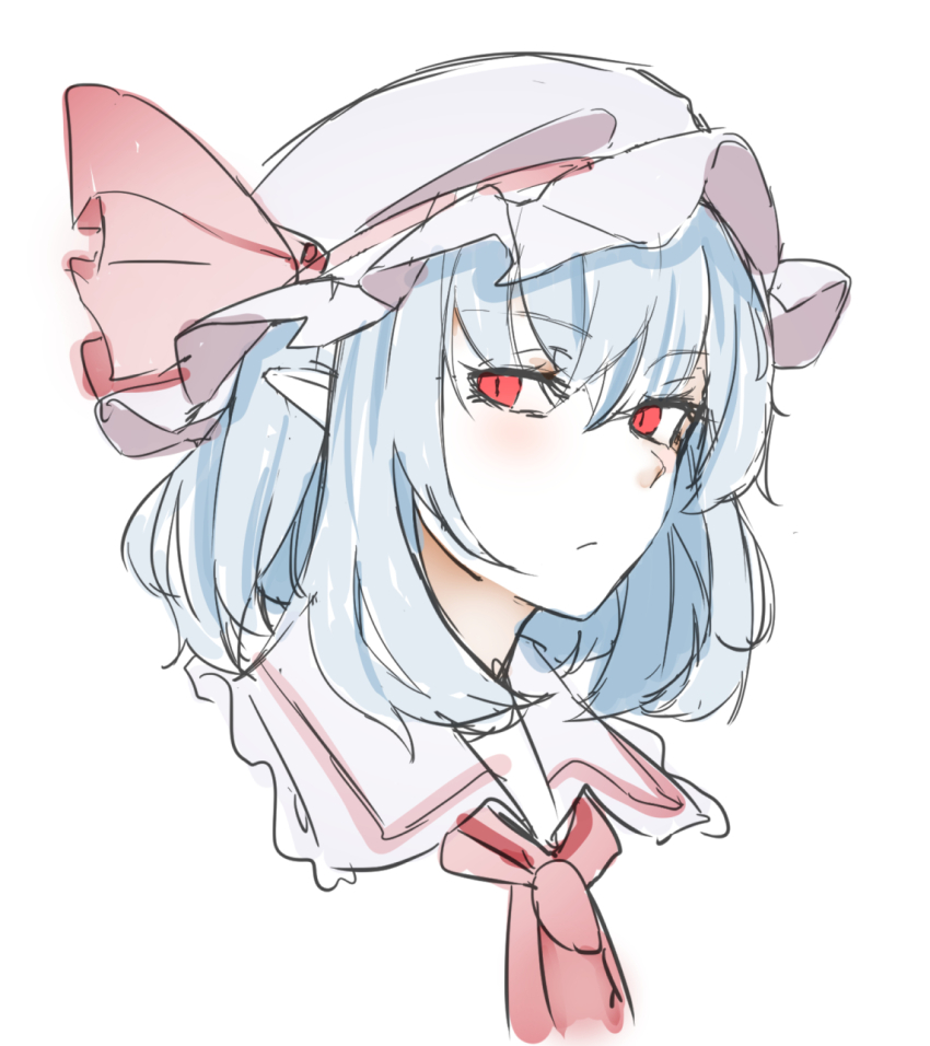 1girl :/ blue_hair blush bow closed_mouth collar commentary_request frilled_collar frilled_hat frills hat hat_bow highres kanaria_(bocmn) medium_hair mob_cap partial_commentary pointy_ears portrait red_bow red_eyes remilia_scarlet short_hair simple_background sketch smile solo touhou white_background white_hat