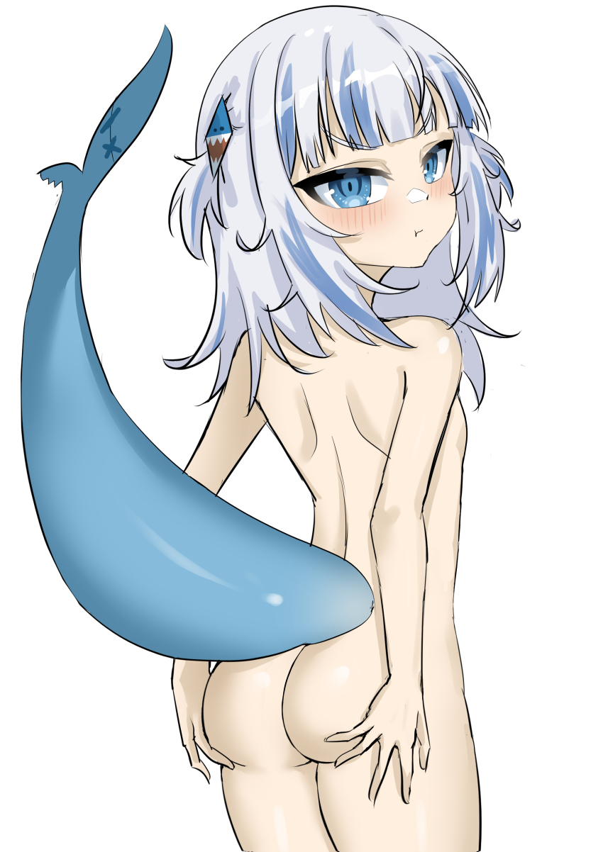 1girl absurdres ass blue_eyes blue_hair blush cowboy_shot fins fish_tail gawr_gura hair_ornament highres hololive hololive_english holomyth looking_at_viewer multicolored_hair nude rebelium shark_girl shark_hair_ornament shark_tail simple_background solo tail virtual_youtuber white_background white_hair