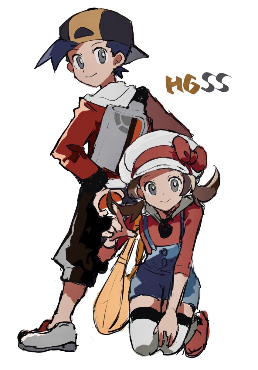 1boy 1girl backwards_hat bag baseball_cap black_pants blue_hair blue_overalls bow brown_hair cabbie_hat capri_pants closed_mouth copyright_name creatures_(company) dark_blue_hair ethan_(pokemon) game_freak grey_eyes handbag hat hat_bow highres kneeling long_hair lyra_(pokemon) nintendo overalls pants pokemon pokemon_hgss red_bow red_footwear red_shirt shichibee_(stm_mimi) shirt shoes short_hair simple_background sleeves_past_elbows smile standing thighhighs twintails white_background white_thighhighs yellow_bag