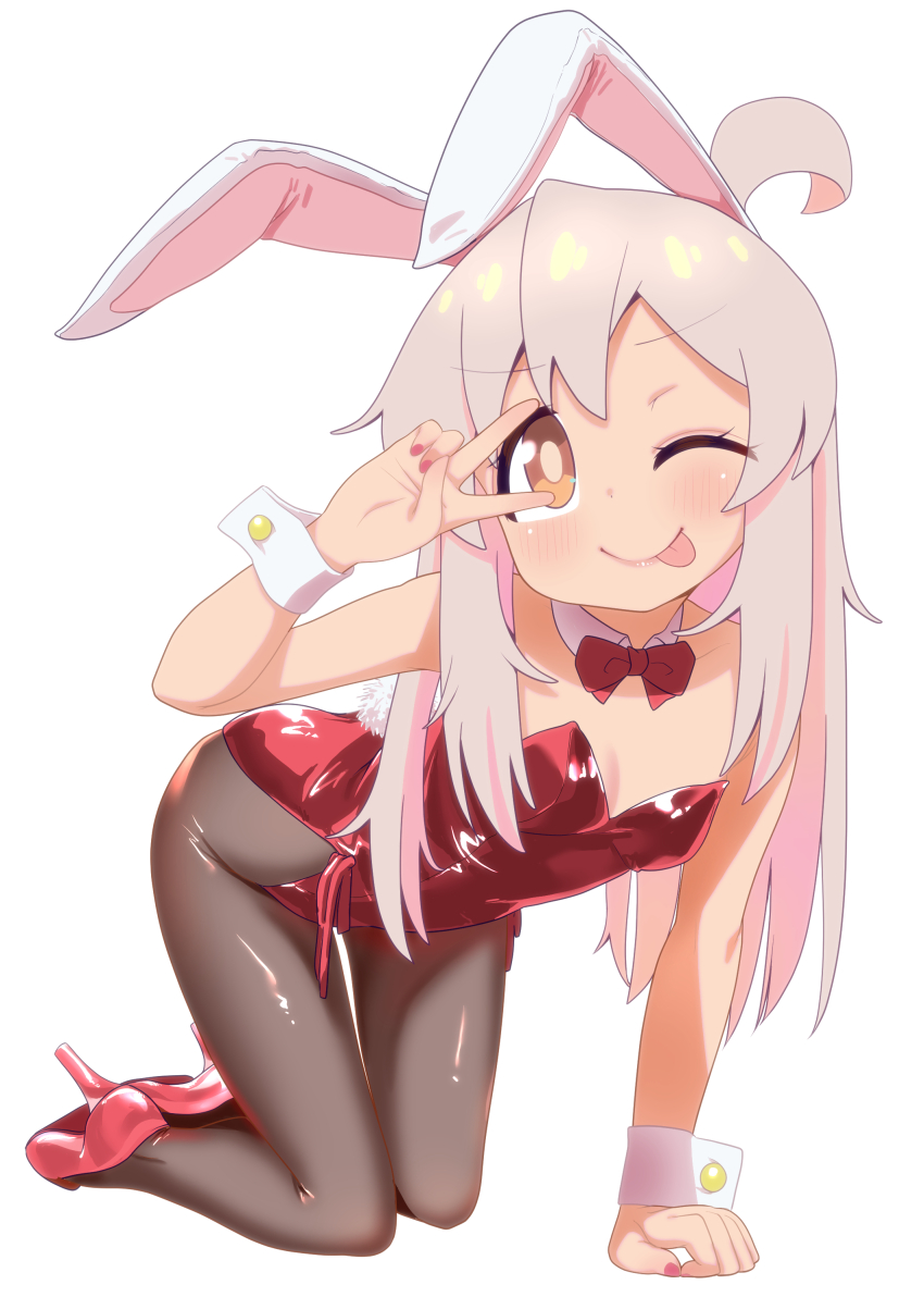 1girl ;p absurdres ahoge animal_ears breasts detached_collar full_body genderswap genderswap_(mtf) high_heels highres kneeling leotard long_hair nail_polish one_eye_closed onii-chan_wa_oshimai! oyama_mahiro pantyhose pink_hair playboy_bunny rabbit_ears rabbit_tail shiina_excel simple_background small_breasts solo strapless strapless_leotard tail tongue tongue_out v_over_eye white_background wrist_cuffs