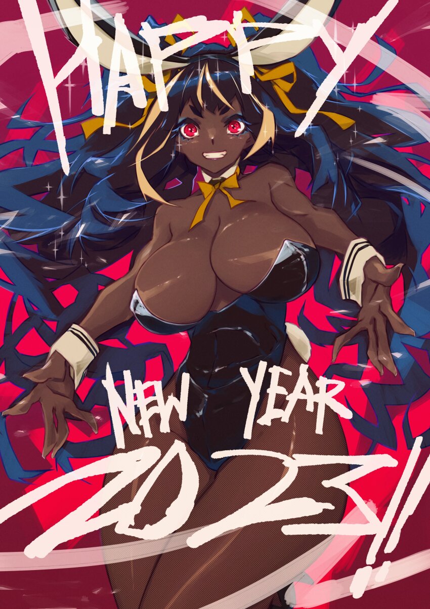 1girl 2023 absurdres animal_ears black_hair bow bowtie breasts chinese_zodiac dark-skinned_female dark_skin english_text fake_animal_ears gyaru hair_ribbon happy_new_year highres king_rooper large_breasts leotard new_year original outstretched_arms playboy_bunny rabbit_ears red_eyes ribbon smile solo thick_thighs thighs year_of_the_rabbit