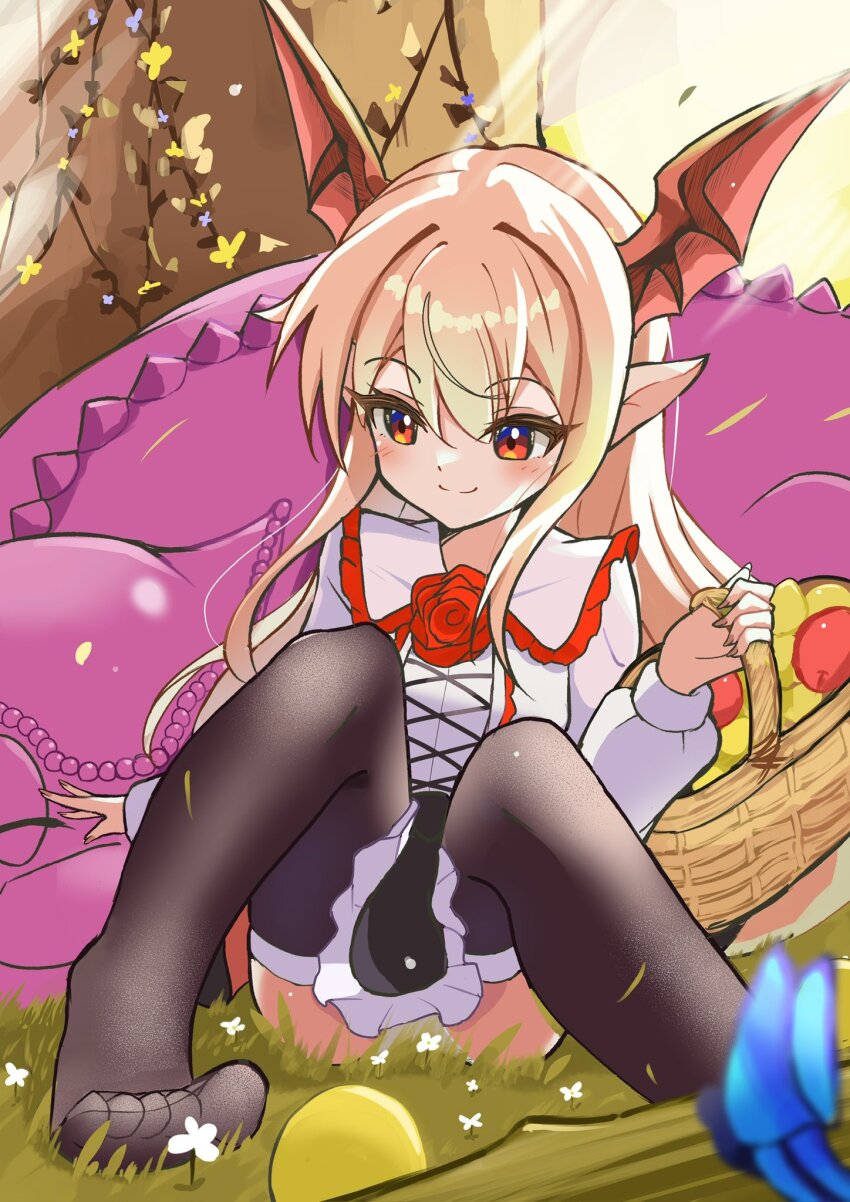 1girl bat_wings blonde_hair bug buri-chan_(britishpine1989) butterfly dragon flower frilled_skirt frills fruit_basket granblue_fantasy head_wings highres insect malinda_(shingeki_no_bahamut) panties petticoat pointy_ears princess_connect! red_flower red_rose red_wings rose shingeki_no_bahamut skirt thighhighs underwear vampire vampy white_panties wings